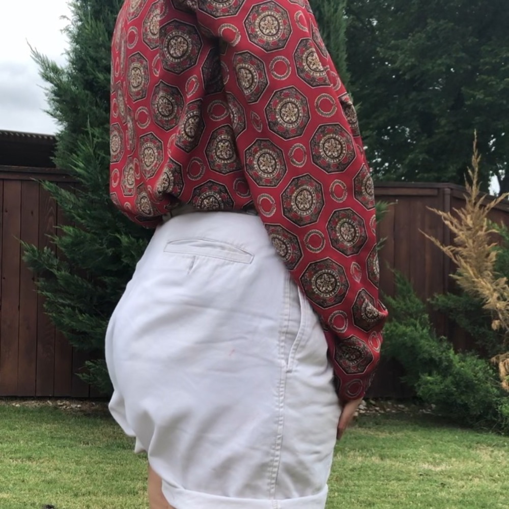 Red Button up blouse with gold embellishment